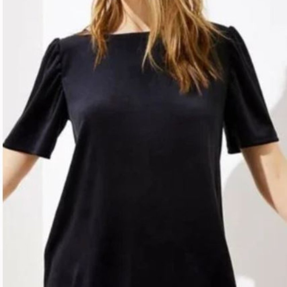 LOFT Velvet Puff Sleeve Top Black Relaxed Fit Stretch Casual